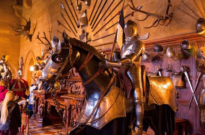 Mounted armour and weapons displayed in the Great Hall at Warwick Castle