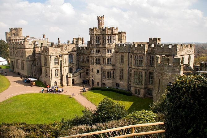 The state apartment range and gardens of Warwick Castle from the air