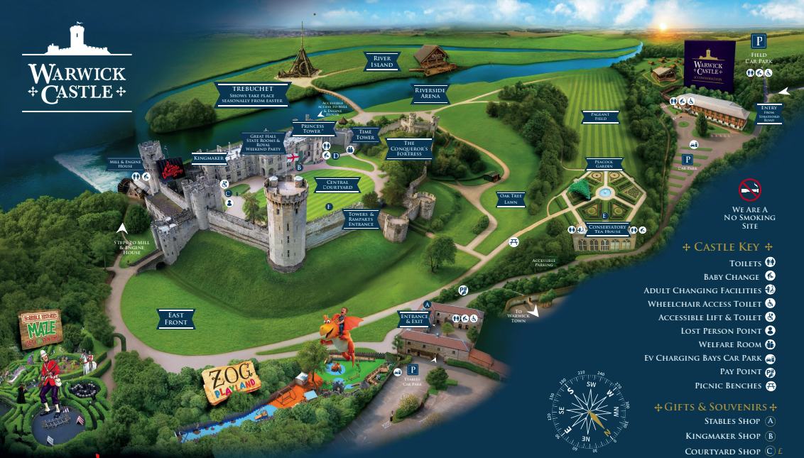 The castle's own illustrated site map of the grounds, river island and car parks
